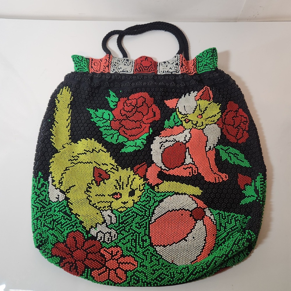 50s kitschy Beaded Cat Handbag Black Seed Bead Purse Roses Beach Ball Hong Kong
